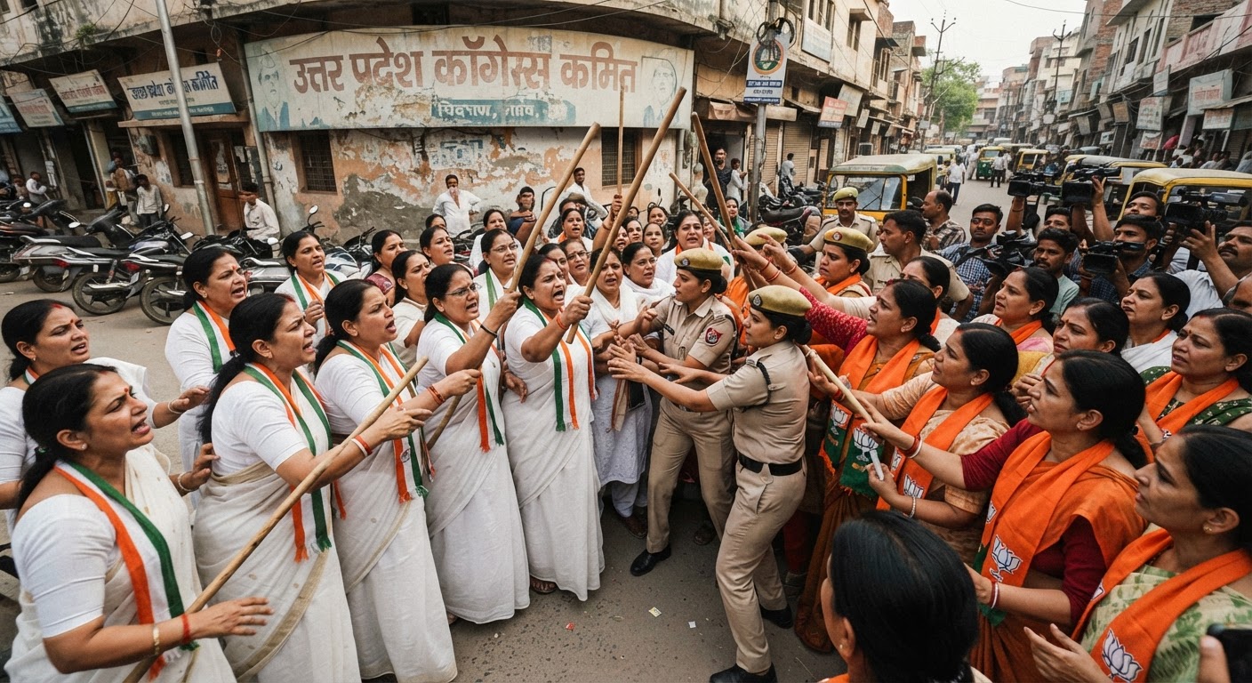 लखनऊ: कांग्रेस दफ्तर के बाहर भिड़े भाजपा और कांग्रेस की महिला कार्यकर्ता, हाथों में थीं लाठियां