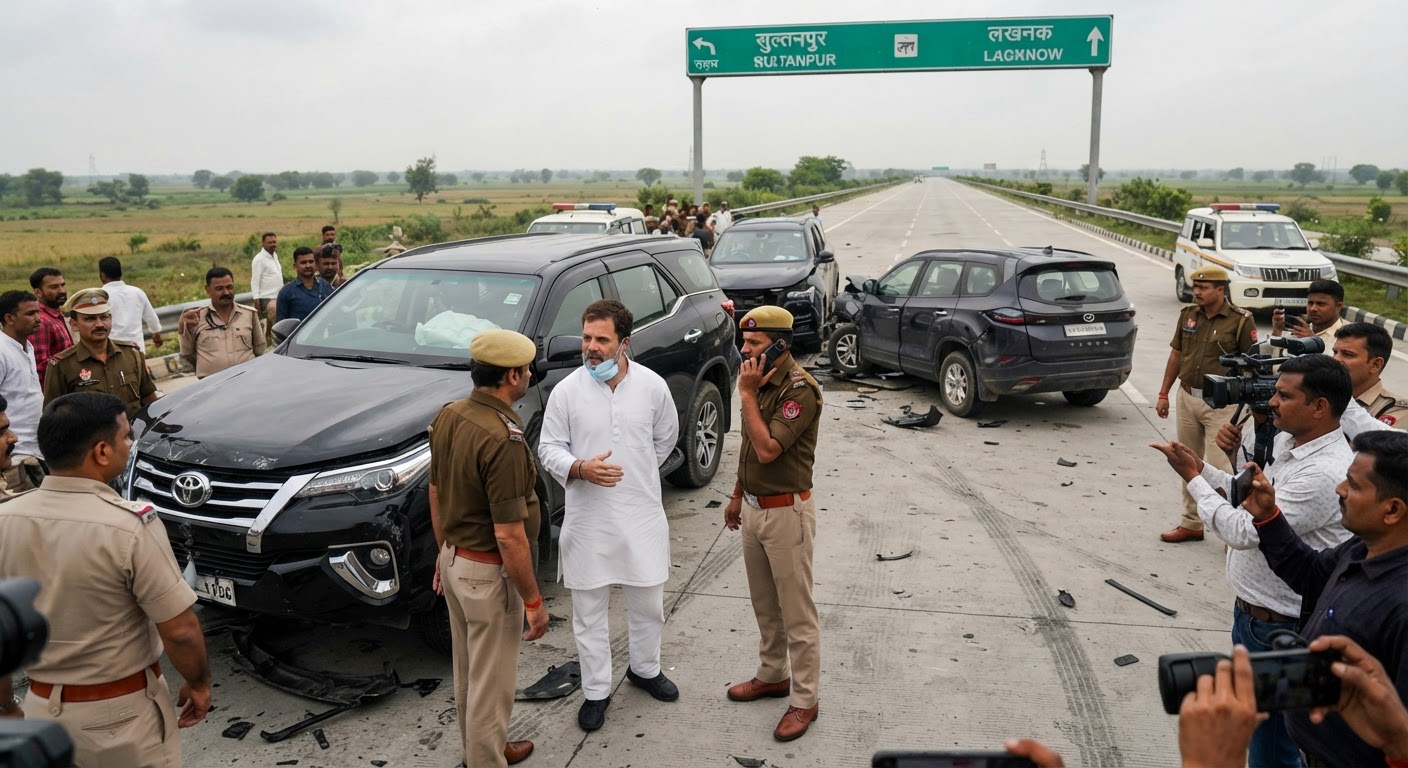 पूर्वांचल एक्सप्रेसवे पर राहुल गांधी के काफिले में हादसा, बाल-बाल बचे कांग्रेस नेता