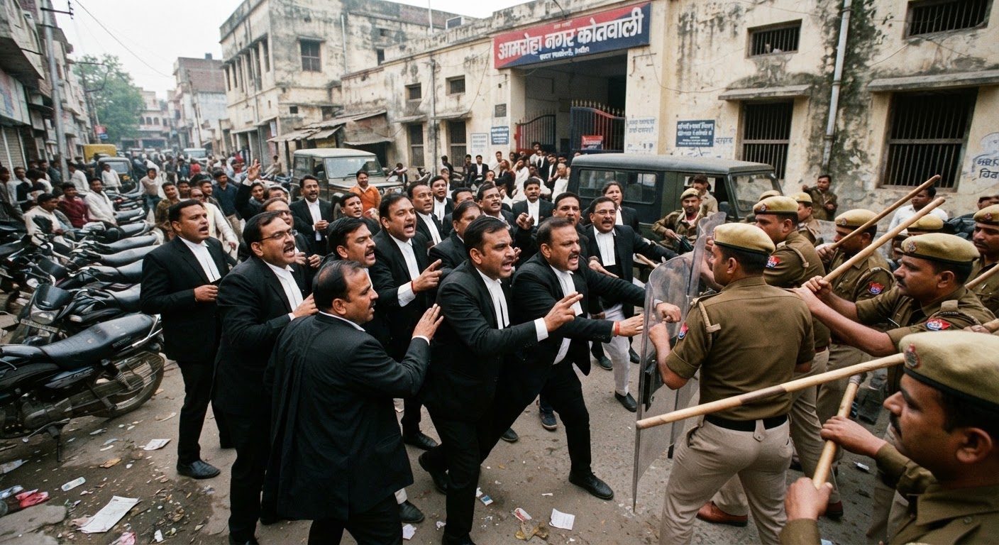 अमरोहा: बिजली चोरी के केस पर भड़के वकील, कोतवाली में पुलिस के साथ जमकर हुई झड़प