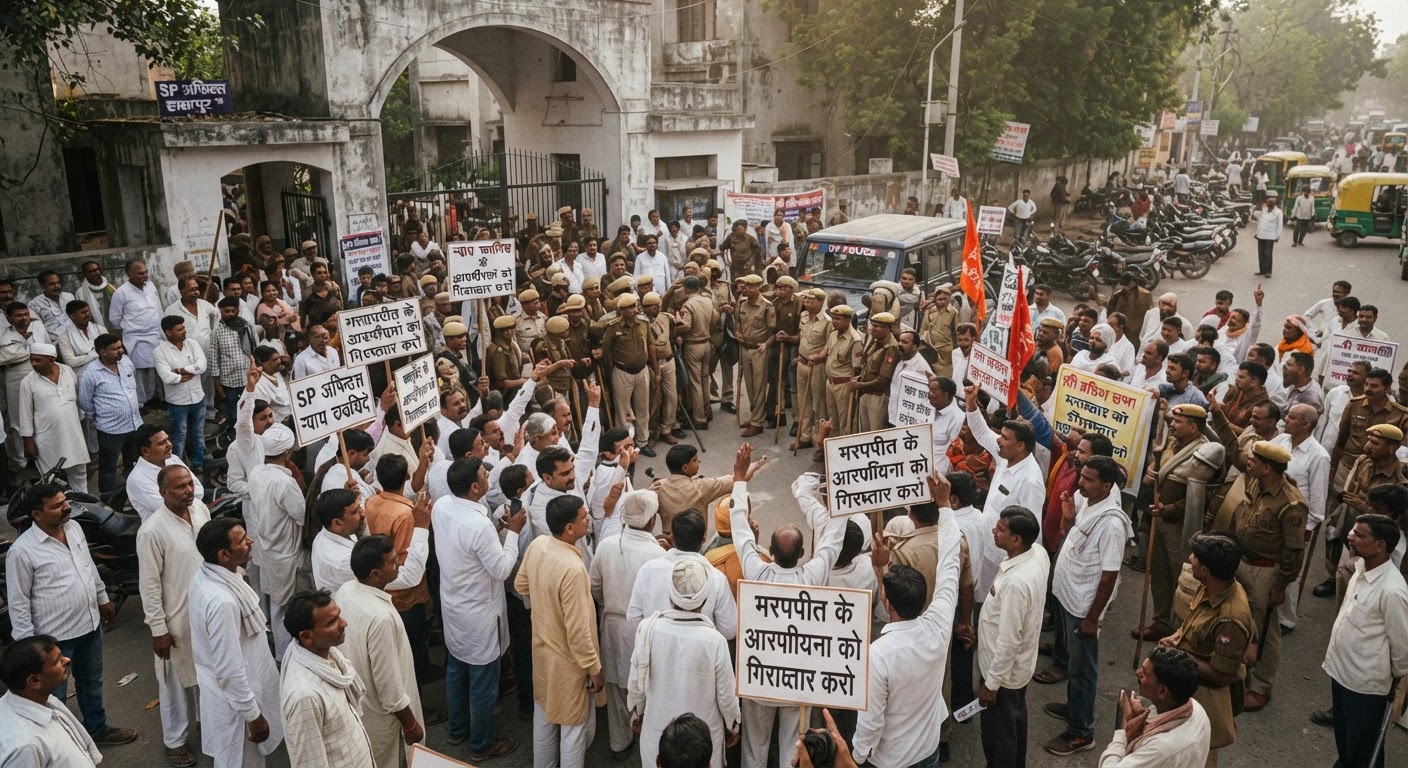 हापुड़: मारपीट मामले में कार्रवाई की मांग को लेकर एसपी ऑफिस पर 100 से ज्यादा लोगों का प्रदर्शन