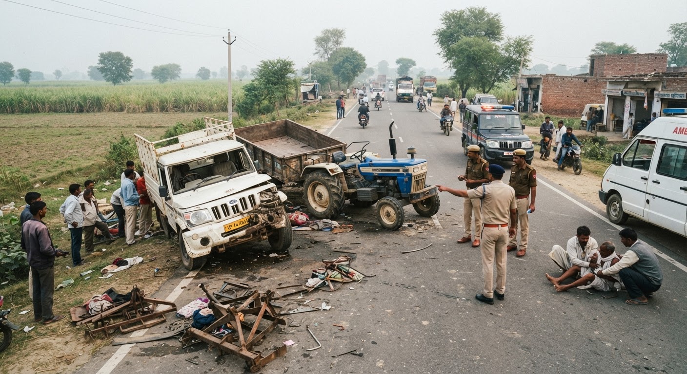 शामली: मेरठ-करनाल हाईवे पर ट्रैक्टर और पिकअप की जोरदार भिड़ंत, एक की मौत, 6 घायल