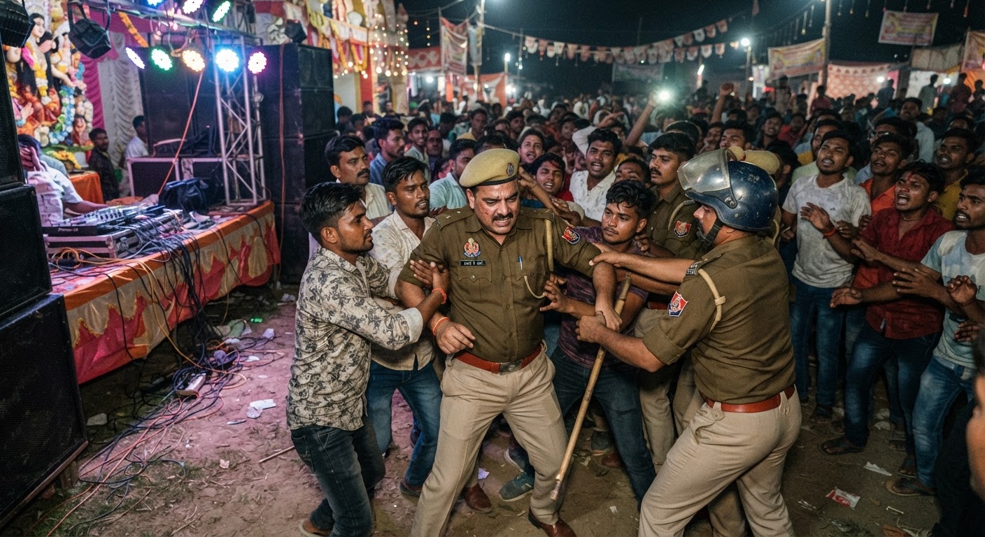 देवरिया: दुर्गा पूजा मेले में डीजे बंद कराने गई पुलिस टीम पर हमला, अधिकारी के साथ धक्का-मुक्की
