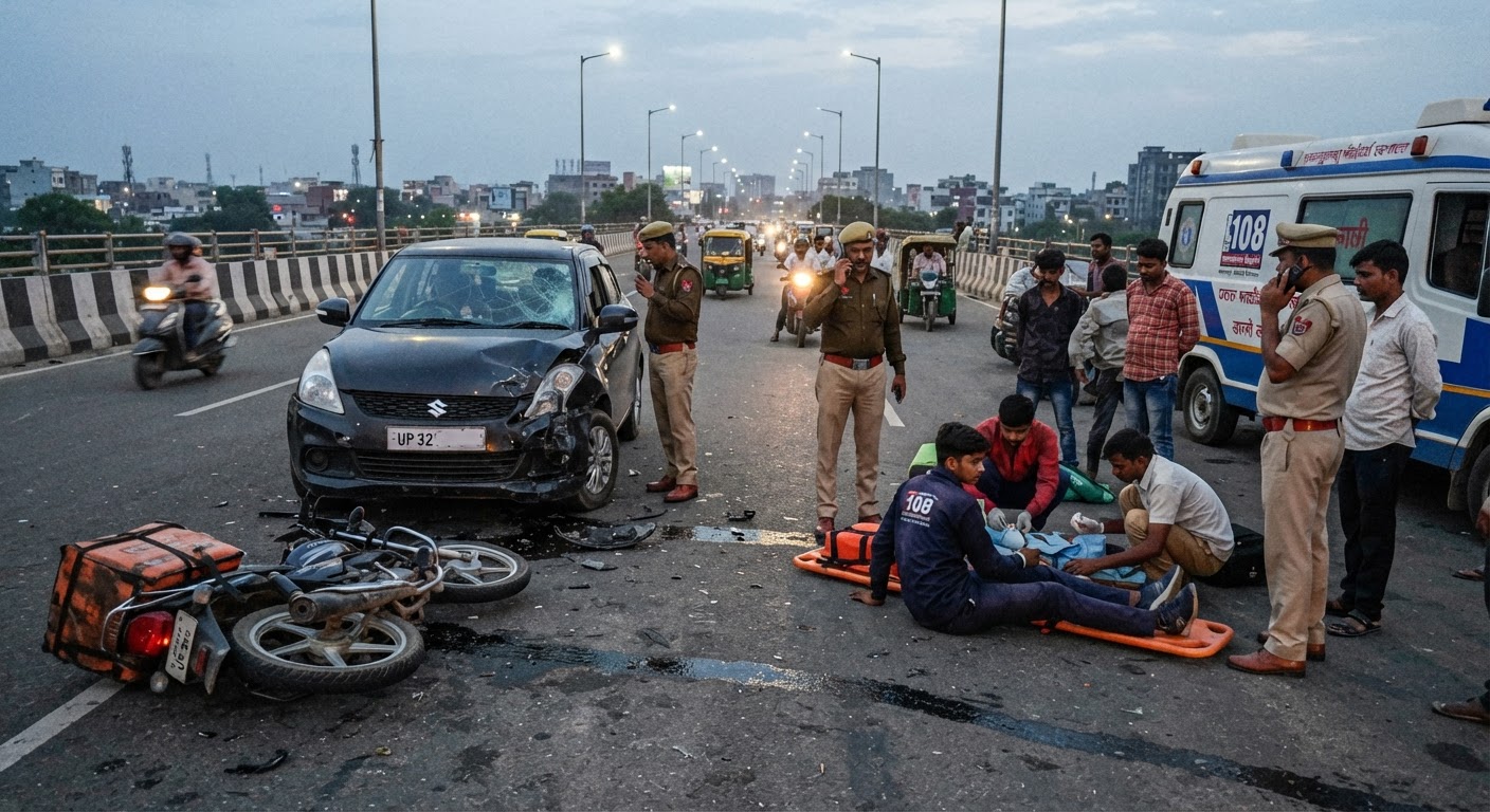 लखनऊ: पारा ओवरब्रिज पर कार ने बाइक को रौंदा, डिलीवरी बॉय की हालत नाजुक