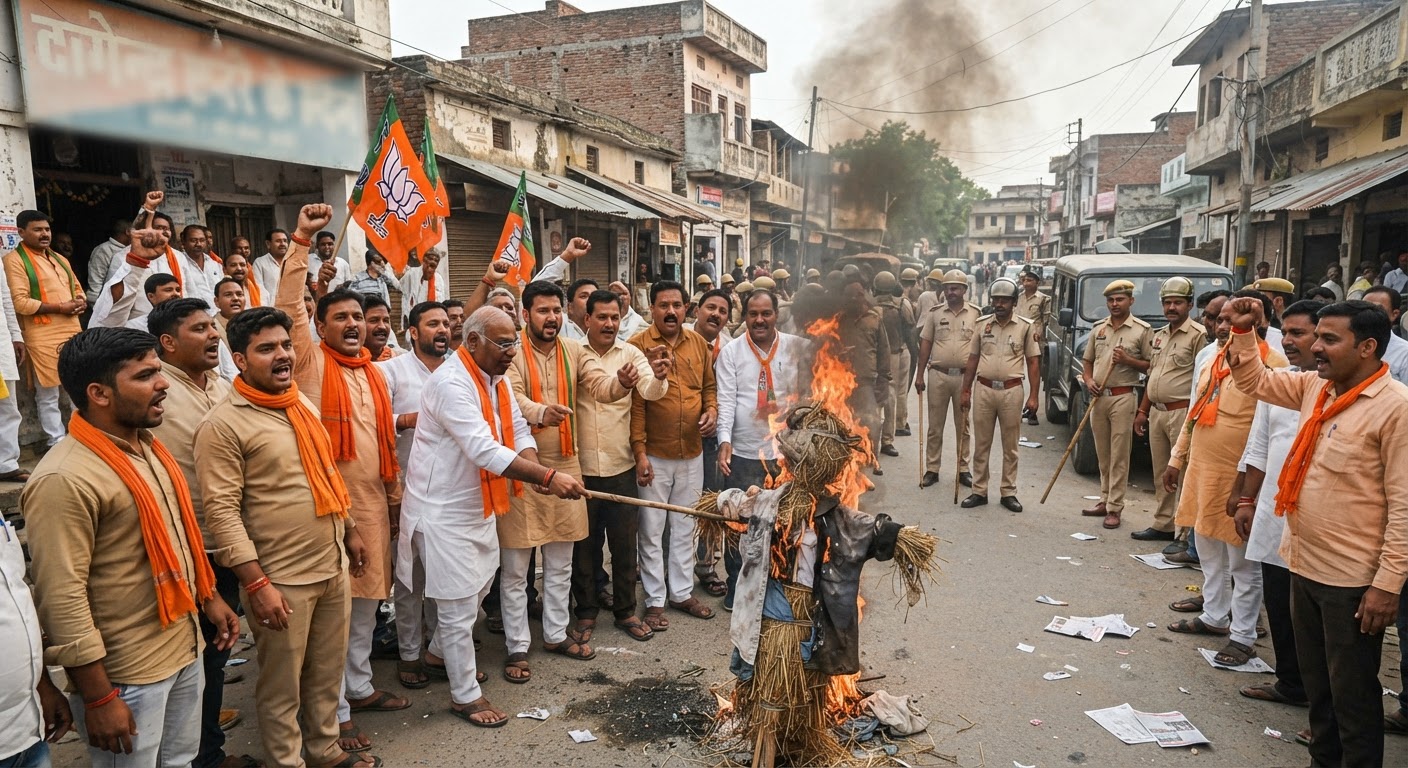 अमेठी: पीएम मोदी के पिता पर टिप्पणी से भड़की भाजपा, खड़गे का पुतला फूंका