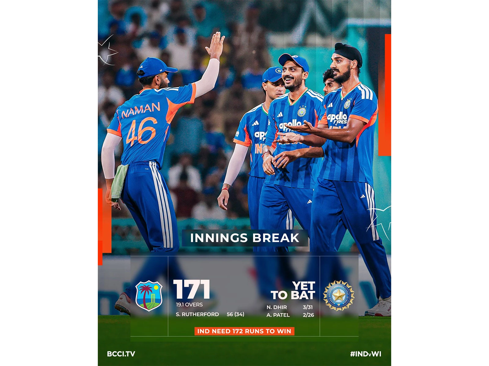 IND vs WI: होप और रदरफोर्ड के अर्धशतकों से वेस्टइंडीज ने लखनऊ में खड़ा किया 171 रनों का स्कोर