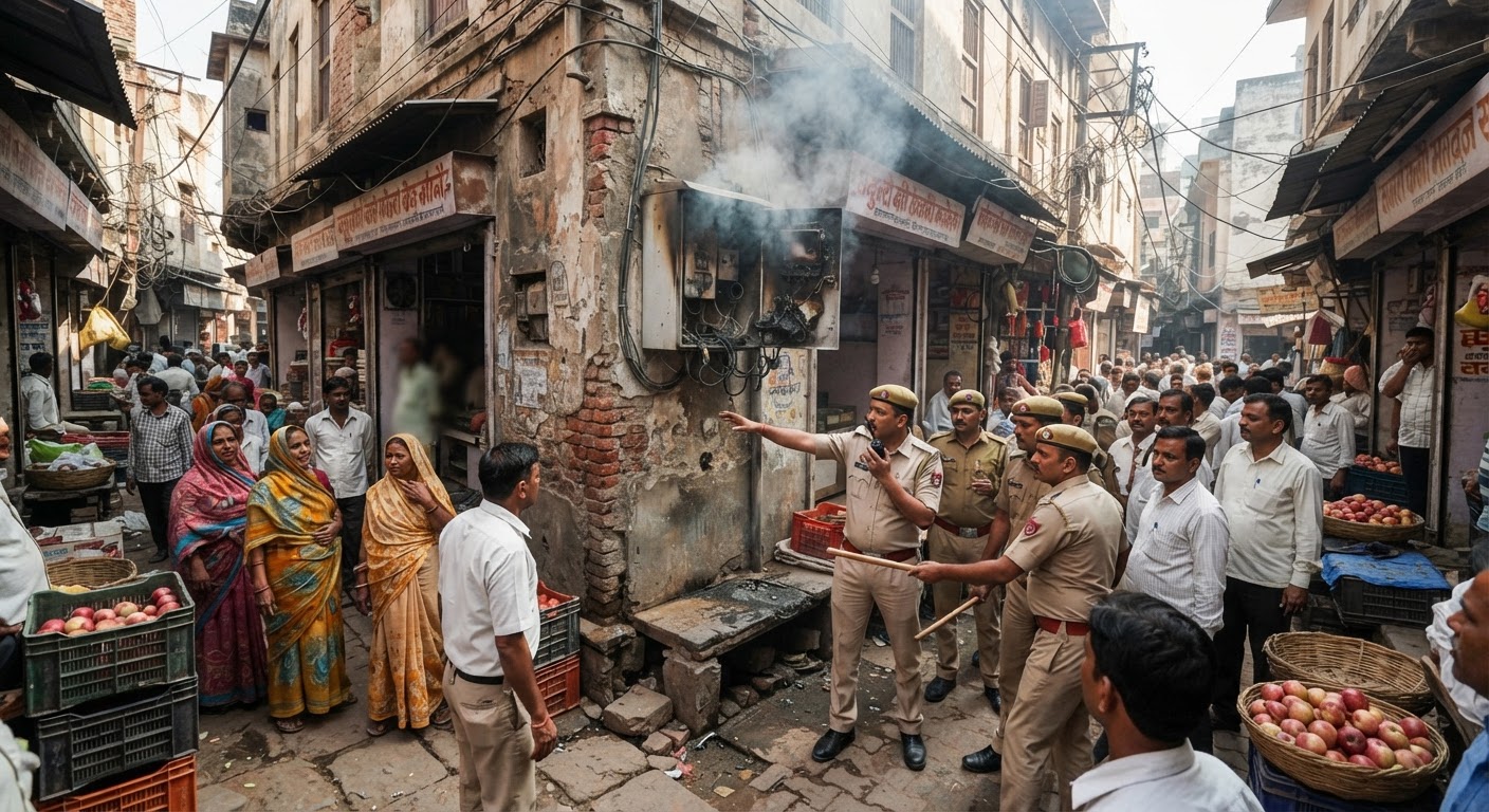 आगरा के किनारी बाजार में इलेक्ट्रिक बॉक्स में लगी आग, मची अफरा-तफरी
