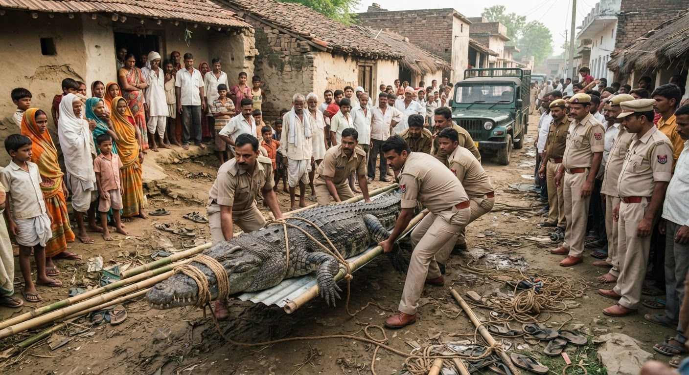 शाहजहाँपुर: रिहायशी इलाके में घुसा विशालकाय मगरमच्छ, गांव में मचा हड़कंप