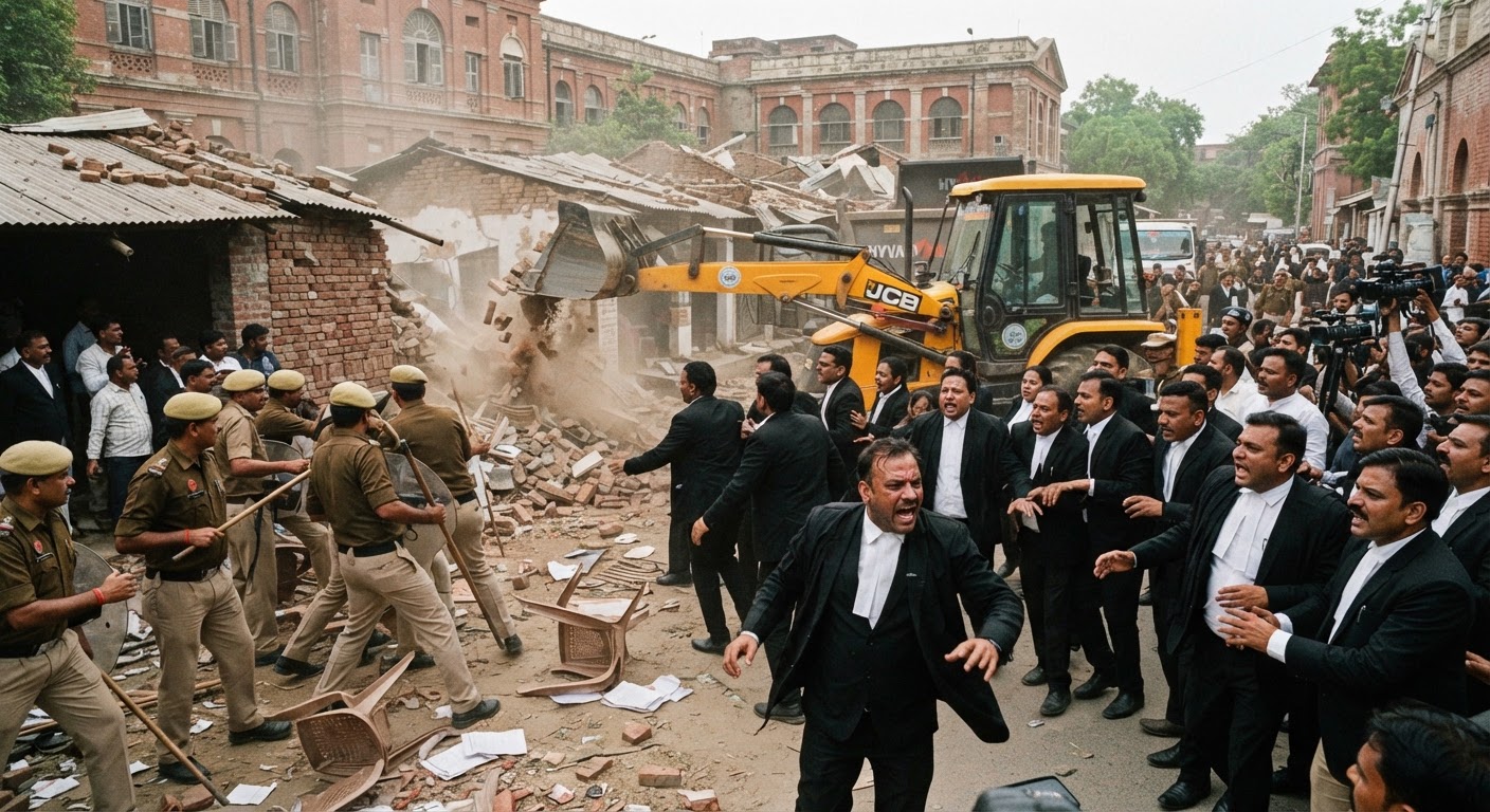 लखनऊ: अवैध कोर्ट चैंबरों पर चला बुलडोजर, रोकने के लिए मशीनों पर चढ़े वकील