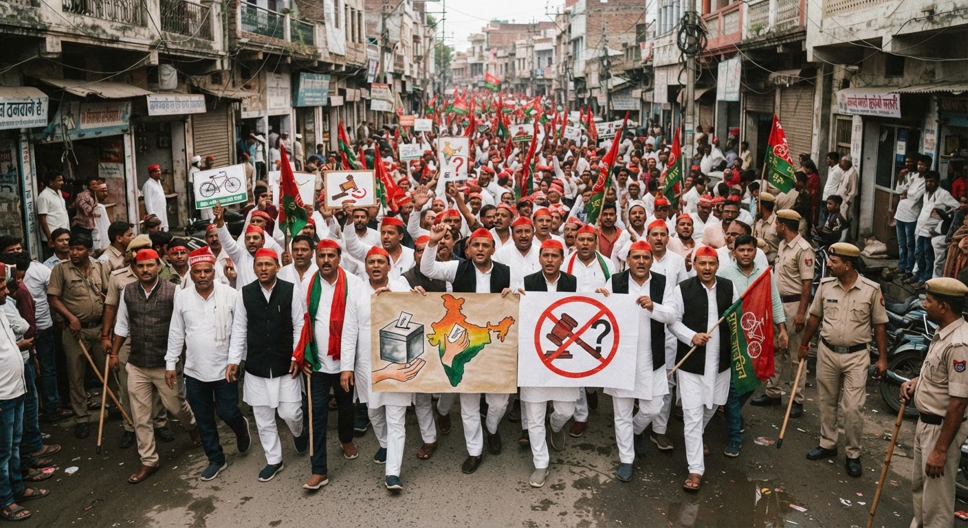 बाराबंकी: सपा का 'वोट बचाओ-देश बचाओ' मार्च, मुख्य चुनाव आयुक्त के इस्तीफे की मांग